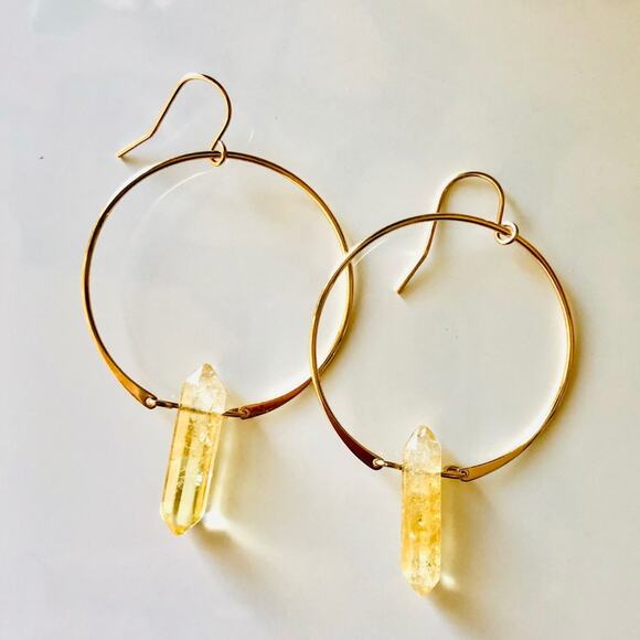Citrine Yellow Gold Handmade Boho Gemstone Crystal Hoop Earrings Hoops Jewelry - Picture 1 of 6